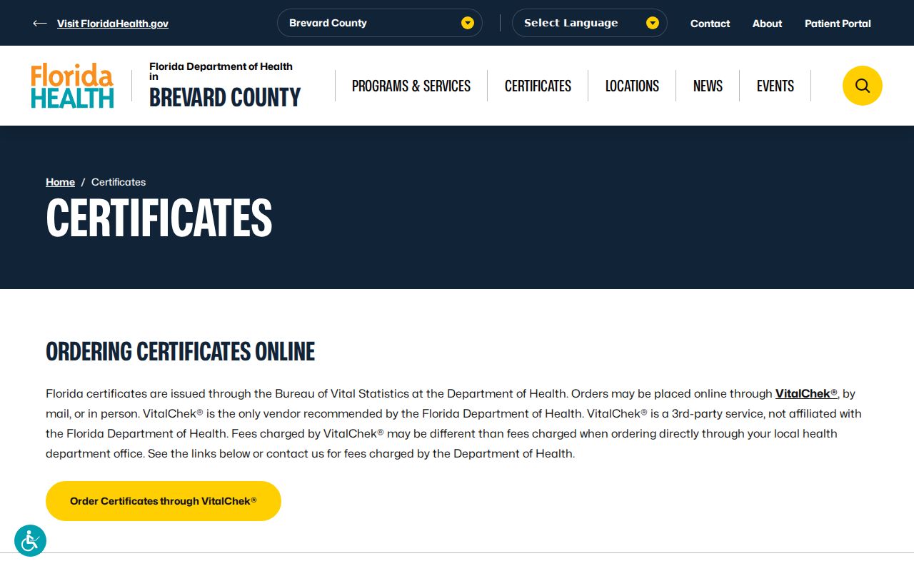 Florida Department of Health in Brevard certificate page