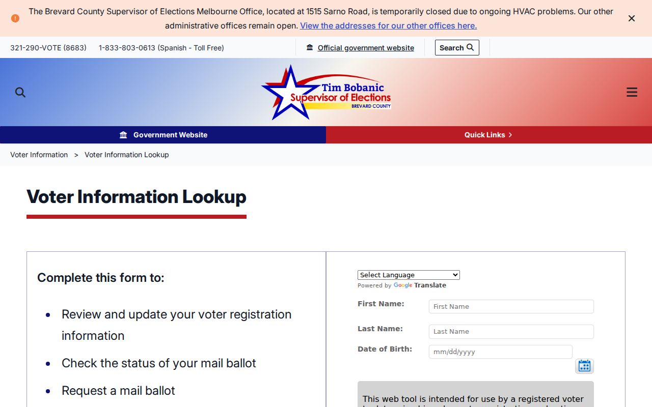 Brevard voter registration lookup form for Titusville voters