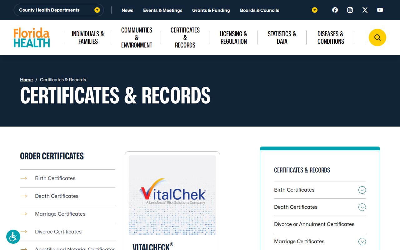 Florida Vital Statistics certificate applications for resident research
