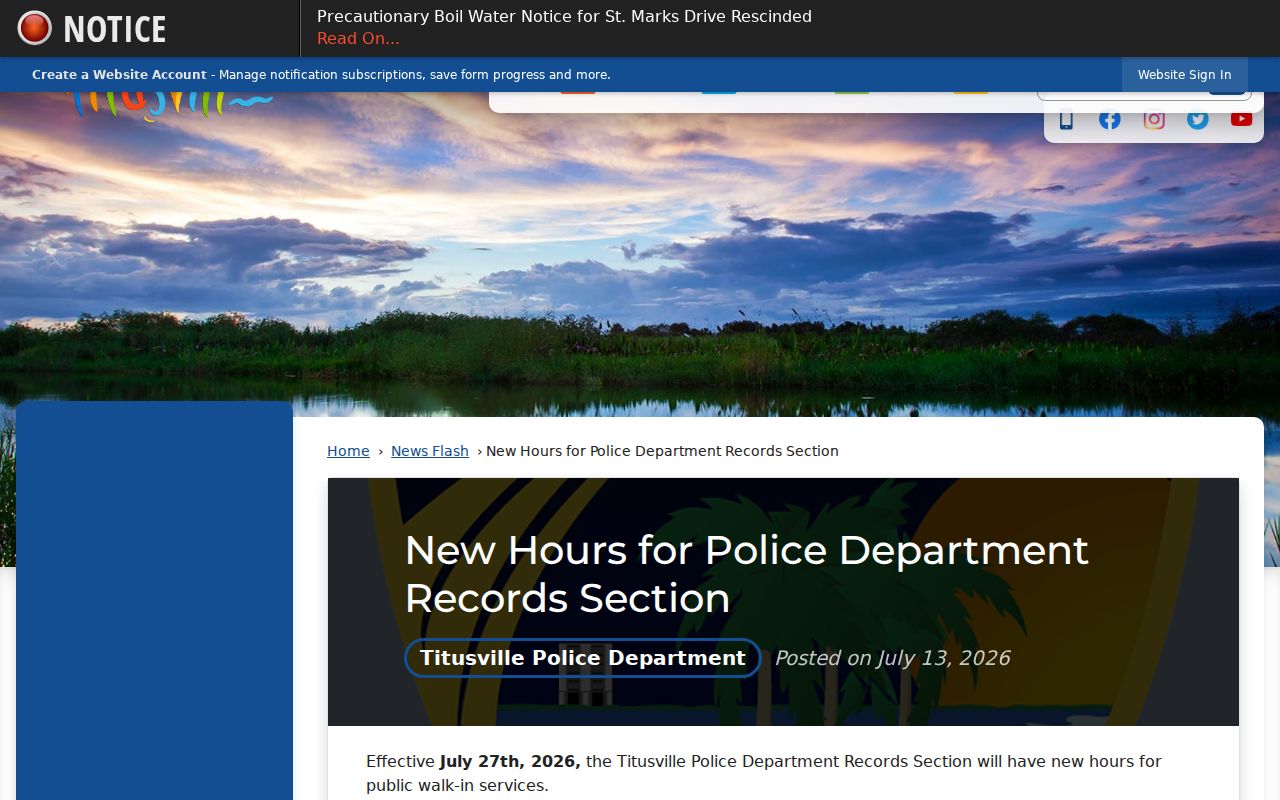 Titusville Police Records walk-in hours notice