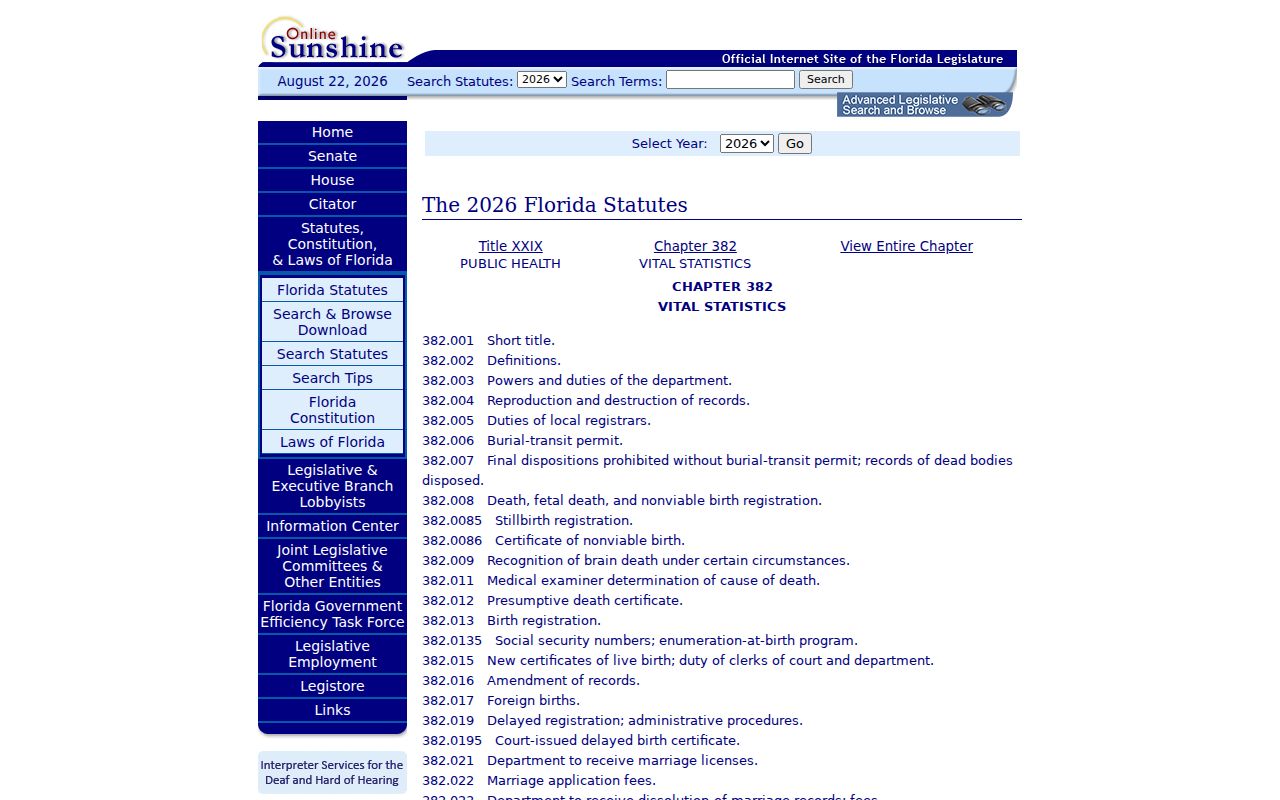 Florida vital statistics law relevant to Titusville past resident research