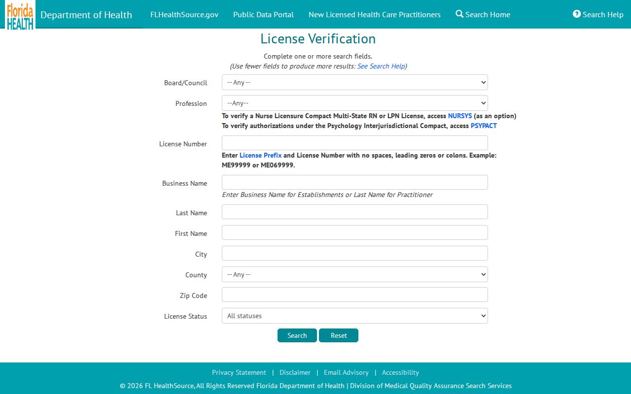 Florida MQA health provider lookup used to verify a Titusville name