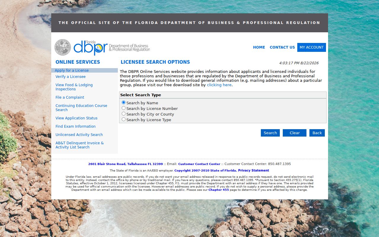 Florida DBPR credential search for confirming a Titusville resident name